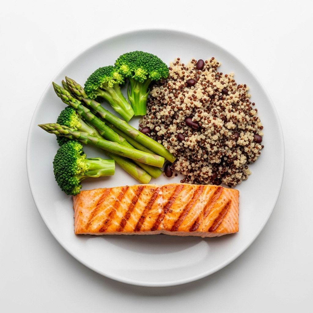 Tallrik sedd ovanifrån med välplanerade portioner av grönsaker, fullkorn och proteinkälla i en harmonisk komposition på vitt underlag