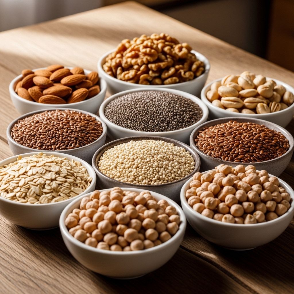 Nötter, frön, fullkornsprodukter och baljväxter i små skålar på ett träbord - naturliga källor till mineraler
