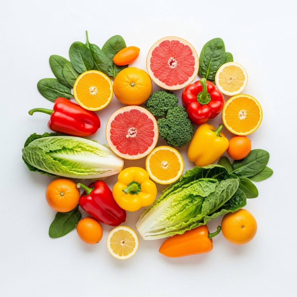 Citrusfrukter, paprika och bladgrönsaker arrangerade på en vit yta - illustration av naturliga vitaminkällor i grönsaker och frukter