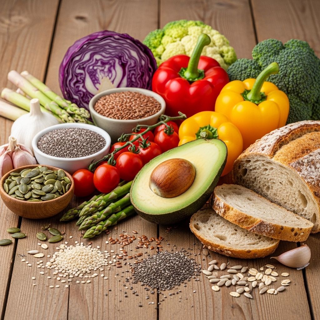 Stilleben med blandade råa grönsaker, frön och bröd på ett trä bakgrundsbord - symboliserar fakta om matens naturliga egenskaper